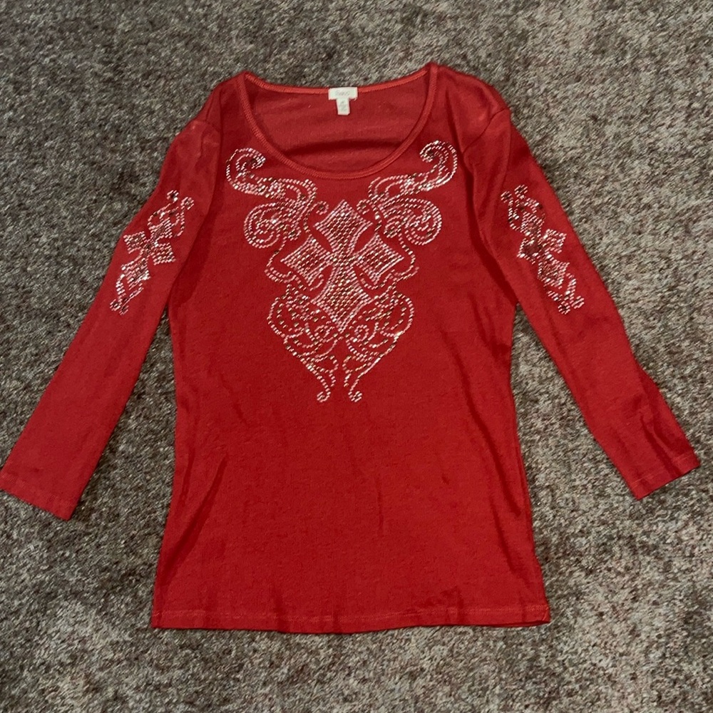 Reba brand 3/4 sleeve ribbed knot top with “bling” detail